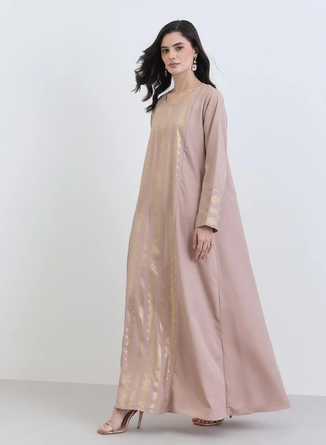 Amirah Women Beige Gold Foil Print Jalabiya